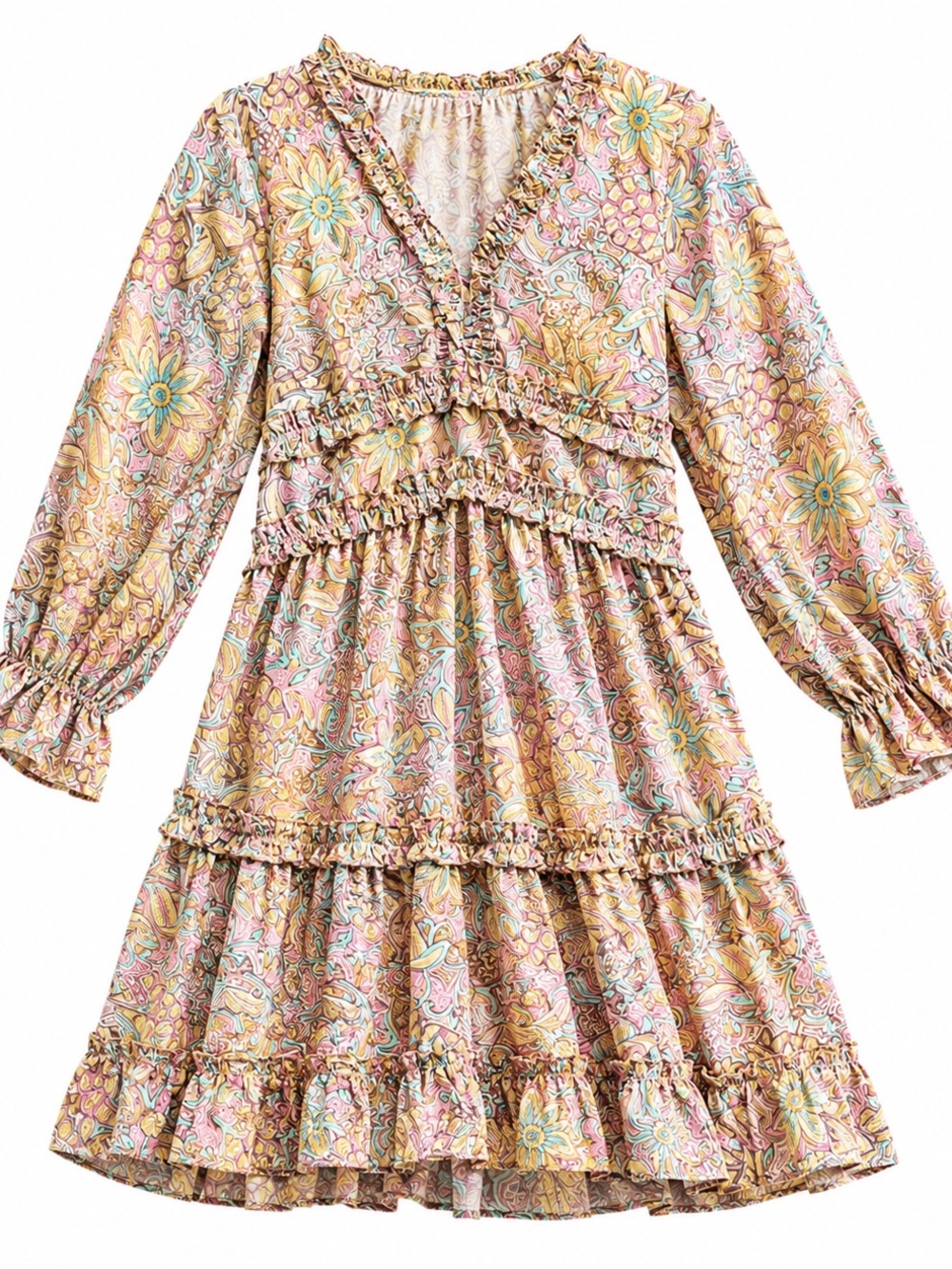 Tiered Floral Ruffle Casual Dress in Pink & Yellow